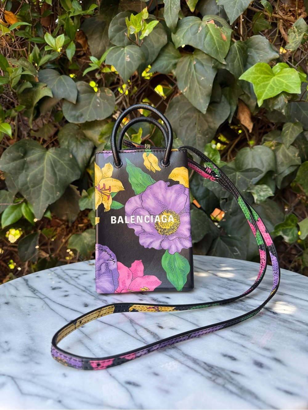 Balenciaga Floral Shop Phone Holder Bag W/ Twill Lining and Silver Hardware